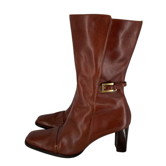 Anne Klein Mid Calf Leather Boots High Heel Brown Modern Classic Size 8M Luxury - Picture 3 of 15